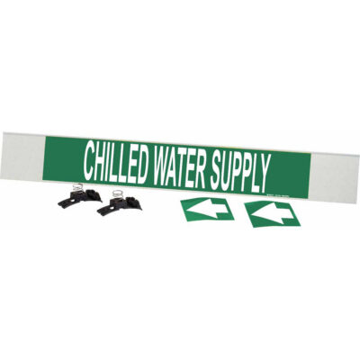 Marqueur de tuyau «Chilled Water Supply», Transporteur en fibre de verre avec agrafes, 4" h x 24" la, Blanc/vert