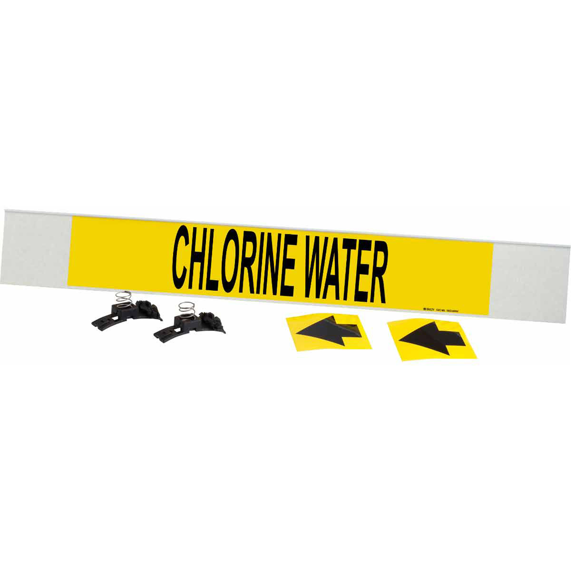 Marqueur de tuyau «Chlorine Water», Transporteur en fibre de verre avec agrafes, 4" h x 24" la, Noir sur jaune