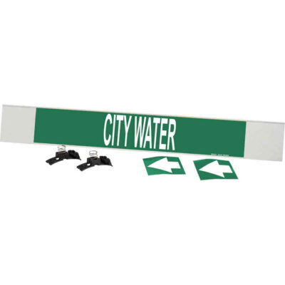 Marqueur de tuyau «City Water», Transporteur en fibre de verre avec agrafes, 4" h x 24" la, Blanc/vert