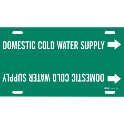 Marqueur de tuyau «Domestic Cold Water Supply», À attacher, 10" h x 24" la, Blanc/vert
