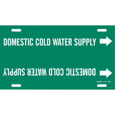 Marqueur de tuyau «Domestic Cold Water Supply», À attacher, 10" h x 32" la, Blanc/vert