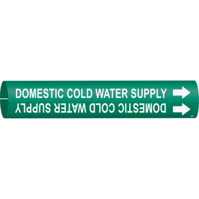 Marqueur de tuyau «Domestic Cold Water Supply», À pression, 2" h x 2" la, Blanc/vert