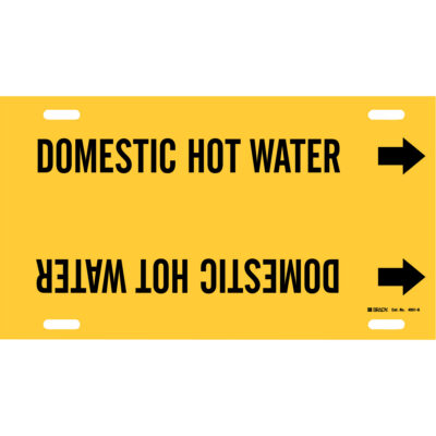 Marqueur de tuyau «Domestic Hot Water», À attacher, 10" h x 24" la, Noir sur jaune