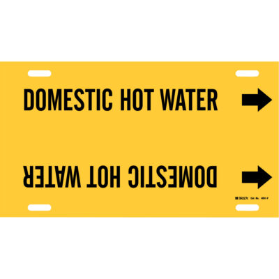 Marqueur de tuyau «Domestic Hot Water», À attacher, 8" h x 16" la, Noir sur jaune