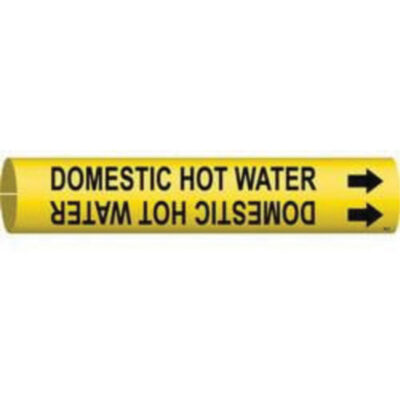 Marqueur de tuyau «Domestic Hot Water», À pression, 2" h x 2" la, Noir sur jaune