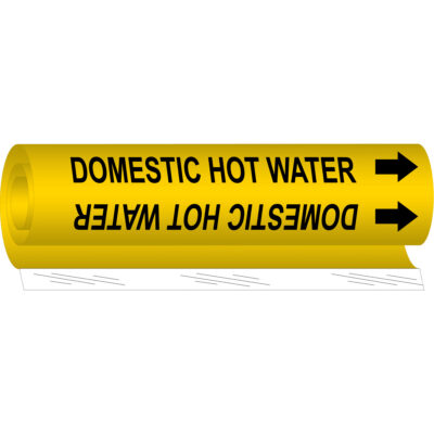 Marqueur de tuyau «Domestic Hot Water», Enveloppant, 9" h x 8" la, Noir sur jaune