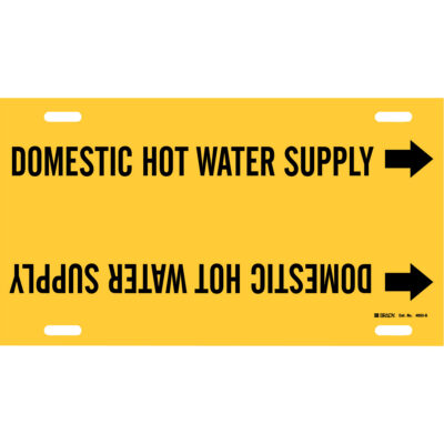 Marqueur de tuyau «Domestic Hot Water Supply», À attacher, 10" h x 24" la, Noir sur jaune