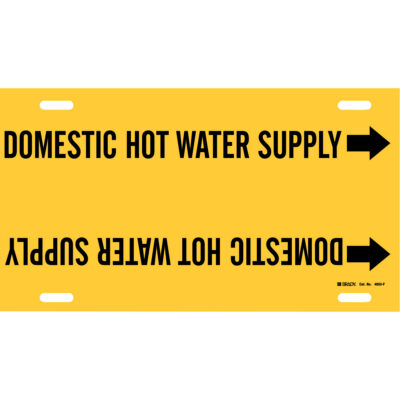 Marqueur de tuyau «Domestic Hot Water Supply», À attacher, 8" h x 16" la, Noir sur jaune