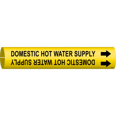 Marqueur de tuyau «Domestic Hot Water Supply», À pression, 13/16" h x 13/16" la, Noir sur jaune