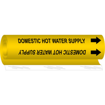 Marqueur de tuyau «Domestic Hot Water Supply», Enveloppant, 5" h x 8" la, Noir sur jaune
