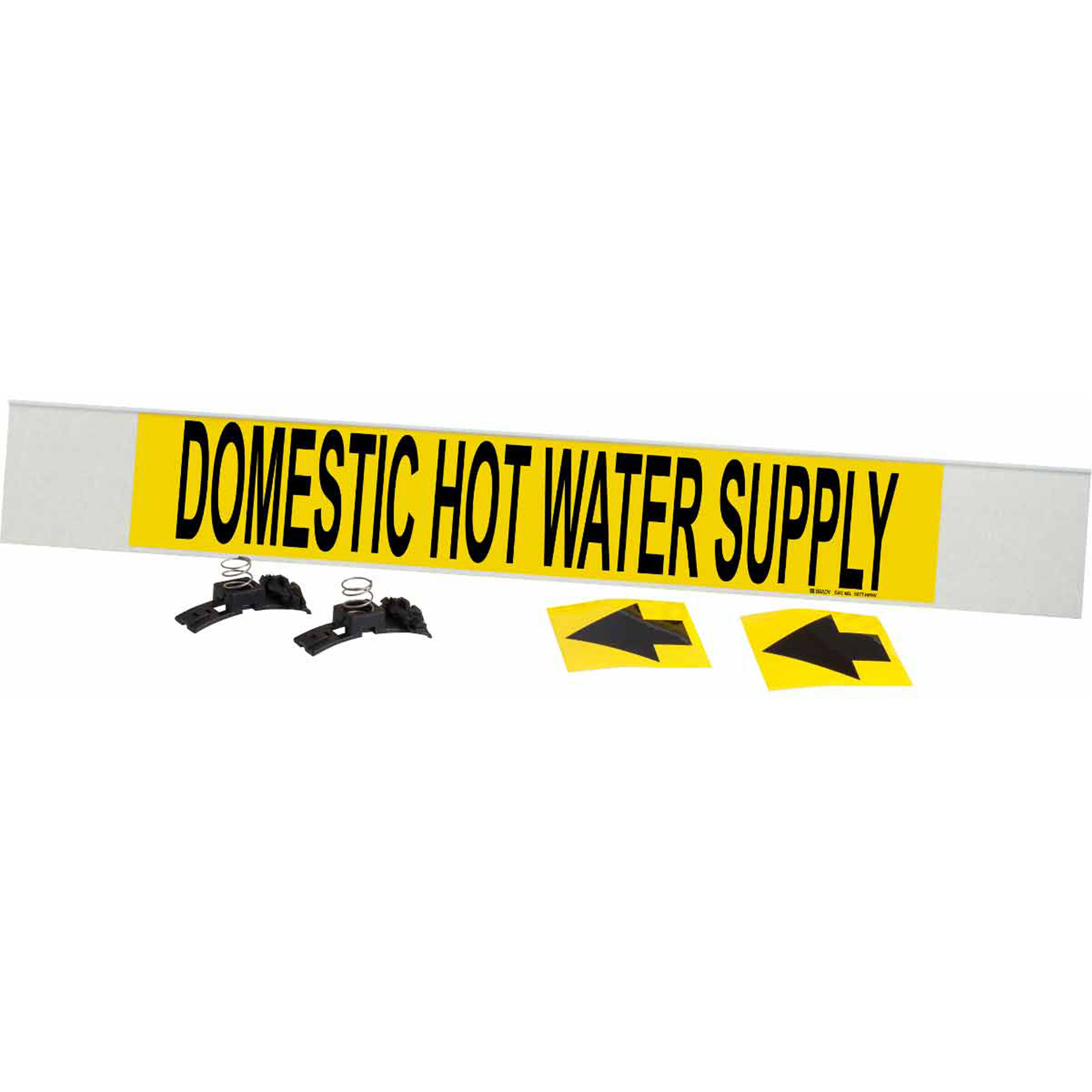 Marqueur de tuyau «Domestic Hot Water Supply», Transporteur en fibre de verre avec agrafes, 4" h x 24" la, Noir sur jaune
