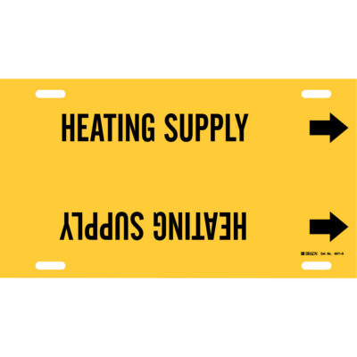 Marqueur de tuyau «Heating Supply», À attacher, 10" h x 24" la, Noir sur jaune