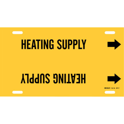 Marqueur de tuyau «Heating Supply», À attacher, 8" h x 16" la, Noir sur jaune