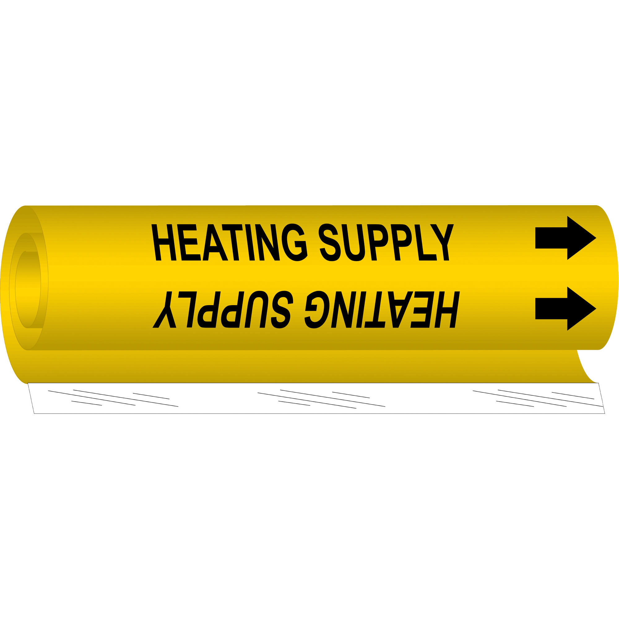 Marqueur de tuyau «Heating Supply», Enveloppant, 9" h x 8" la, Noir sur jaune