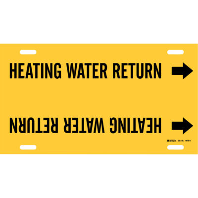 Marqueur de tuyau «Heating Water Return», À attacher, 10" h x 24" la, Noir sur jaune