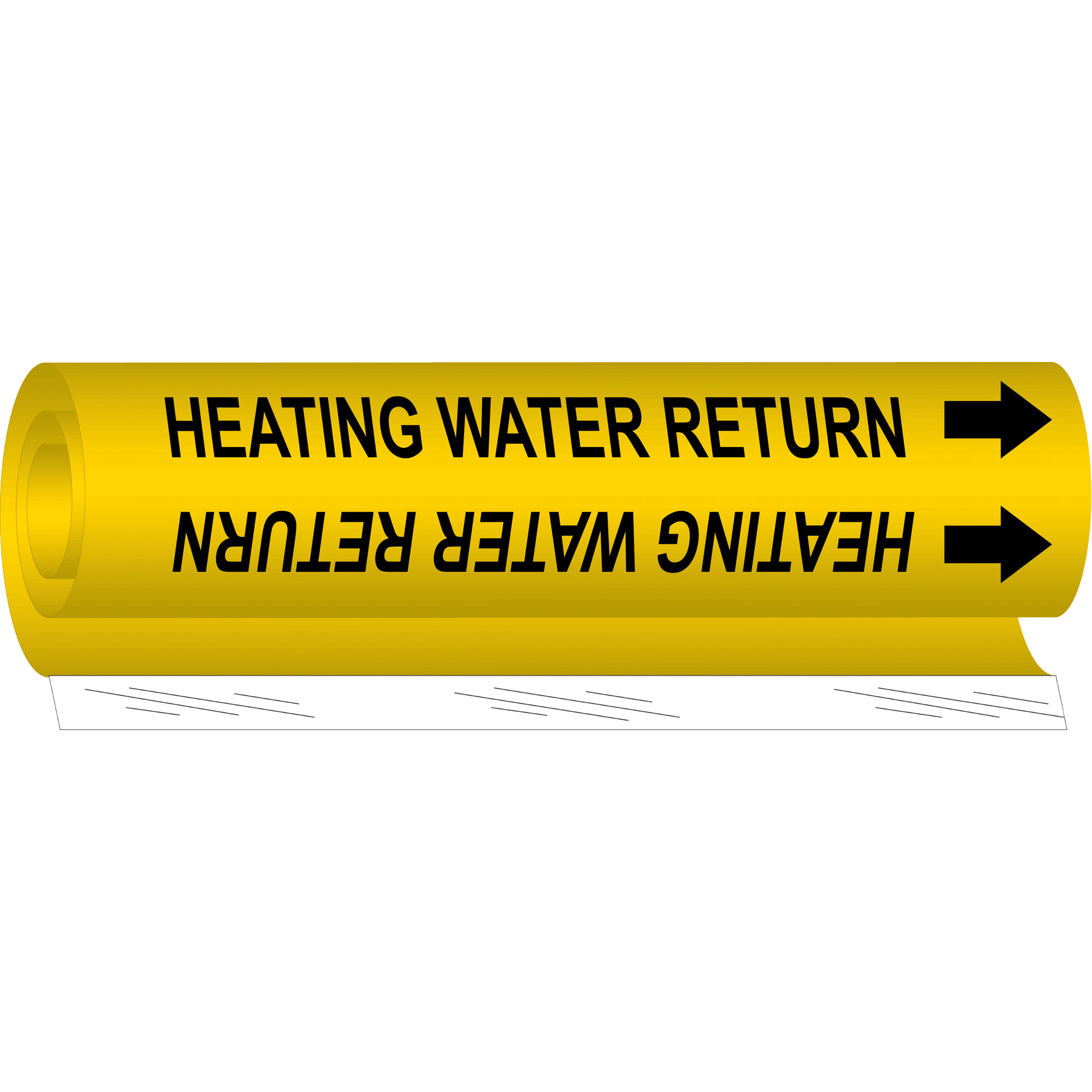 Marqueur de tuyau «Heating Water Return», Enveloppant, 9" h x 8" la, Noir sur jaune