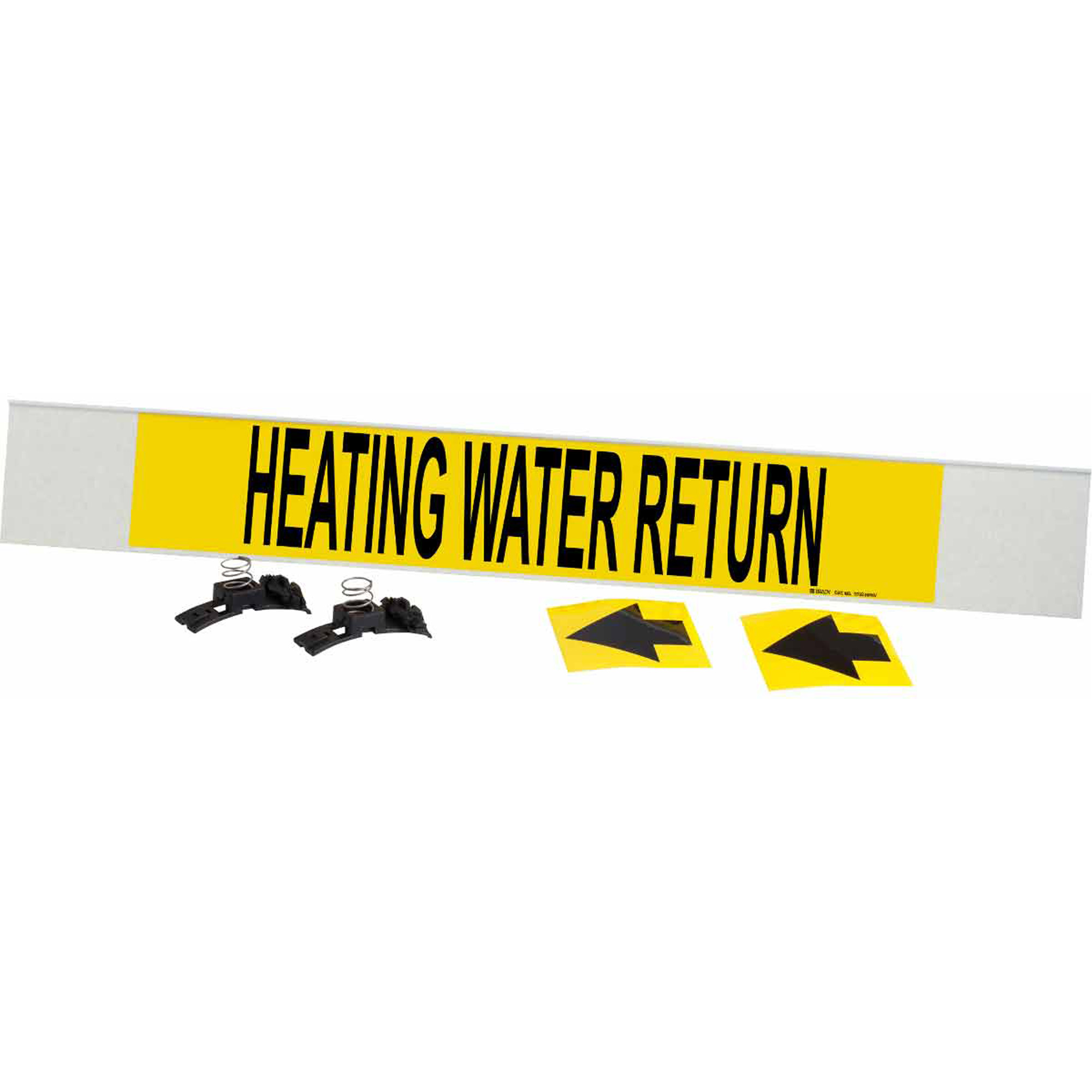 Marqueur de tuyau «Heating Water Return», Transporteur en fibre de verre avec agrafes, 4" h x 24" la, Noir sur jaune