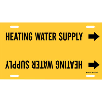 Marqueur de tuyau «Heating Water Supply», À attacher, 10" h x 24" la, Noir sur jaune