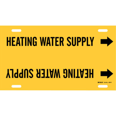 Marqueur de tuyau «Heating Water Supply», À attacher, 8" h x 16" la, Noir sur jaune