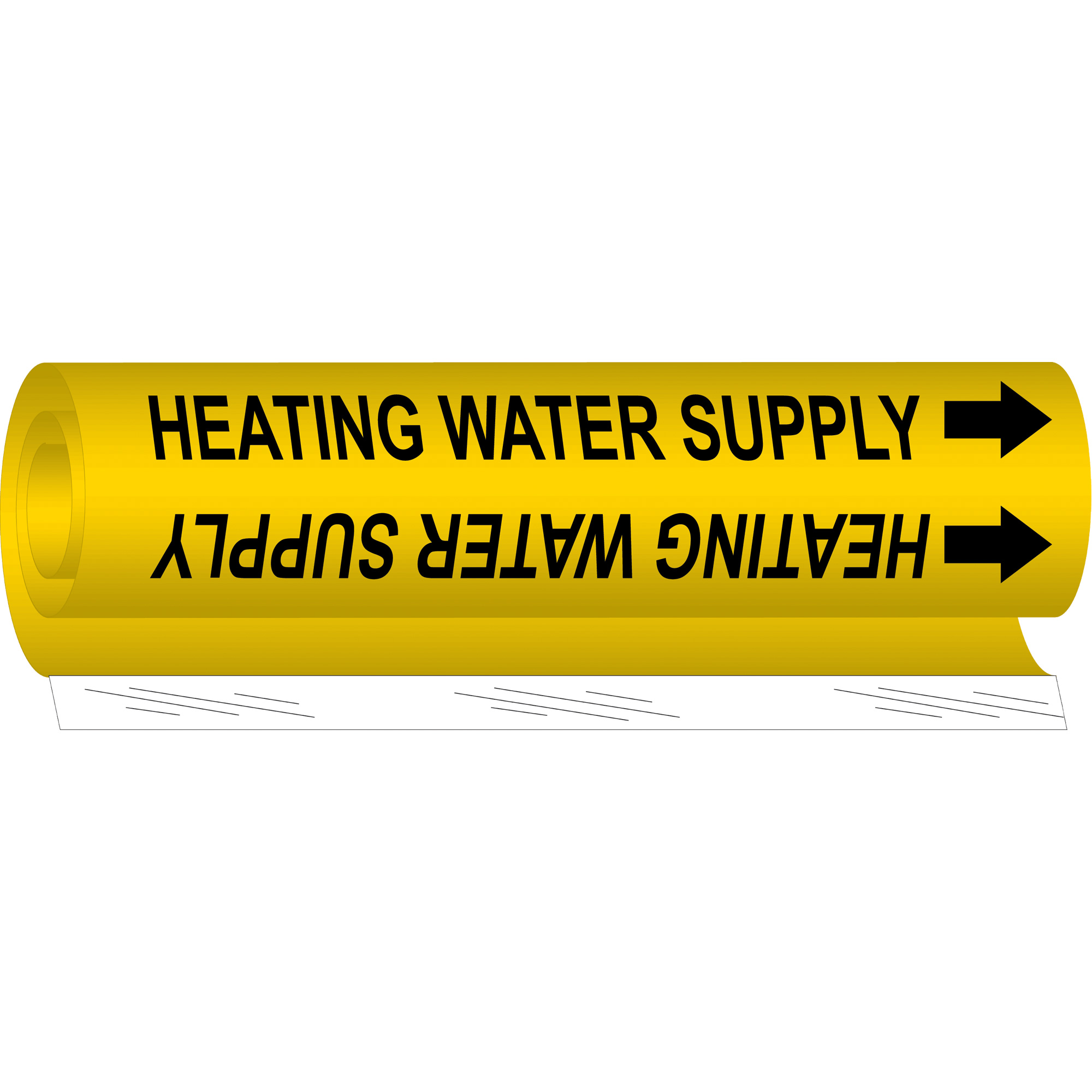Marqueur de tuyau «Heating Water Supply», Enveloppant, 26" h x 12" la, Noir sur jaune