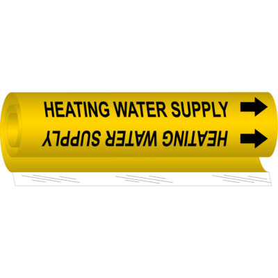 Marqueur de tuyau «Heating Water Supply», Enveloppant, 5" h x 8" la, Noir sur jaune