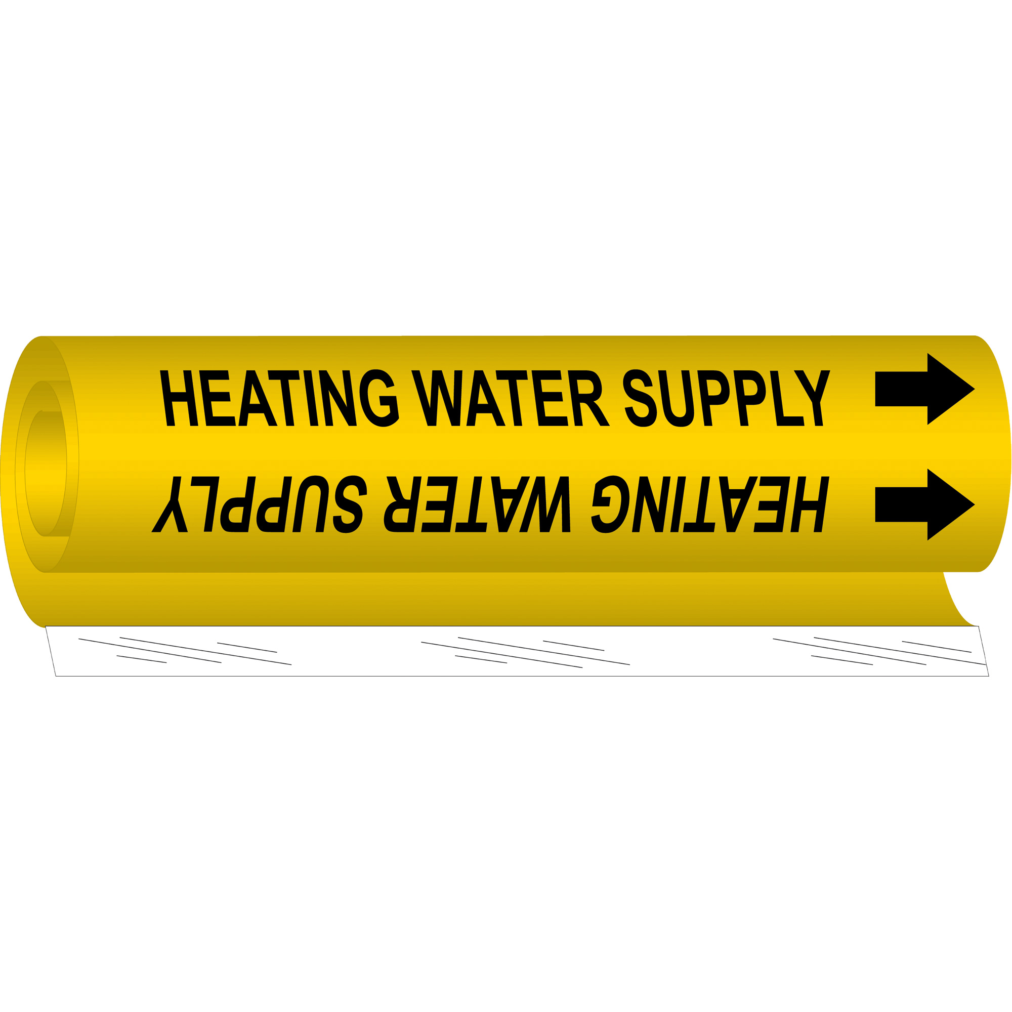 Marqueur de tuyau «Heating Water Supply», Enveloppant, 5" h x 8" la, Noir sur jaune