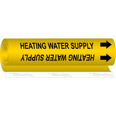 Marqueur de tuyau «Heating Water Supply», Enveloppant, 9" h x 8" la, Noir sur jaune