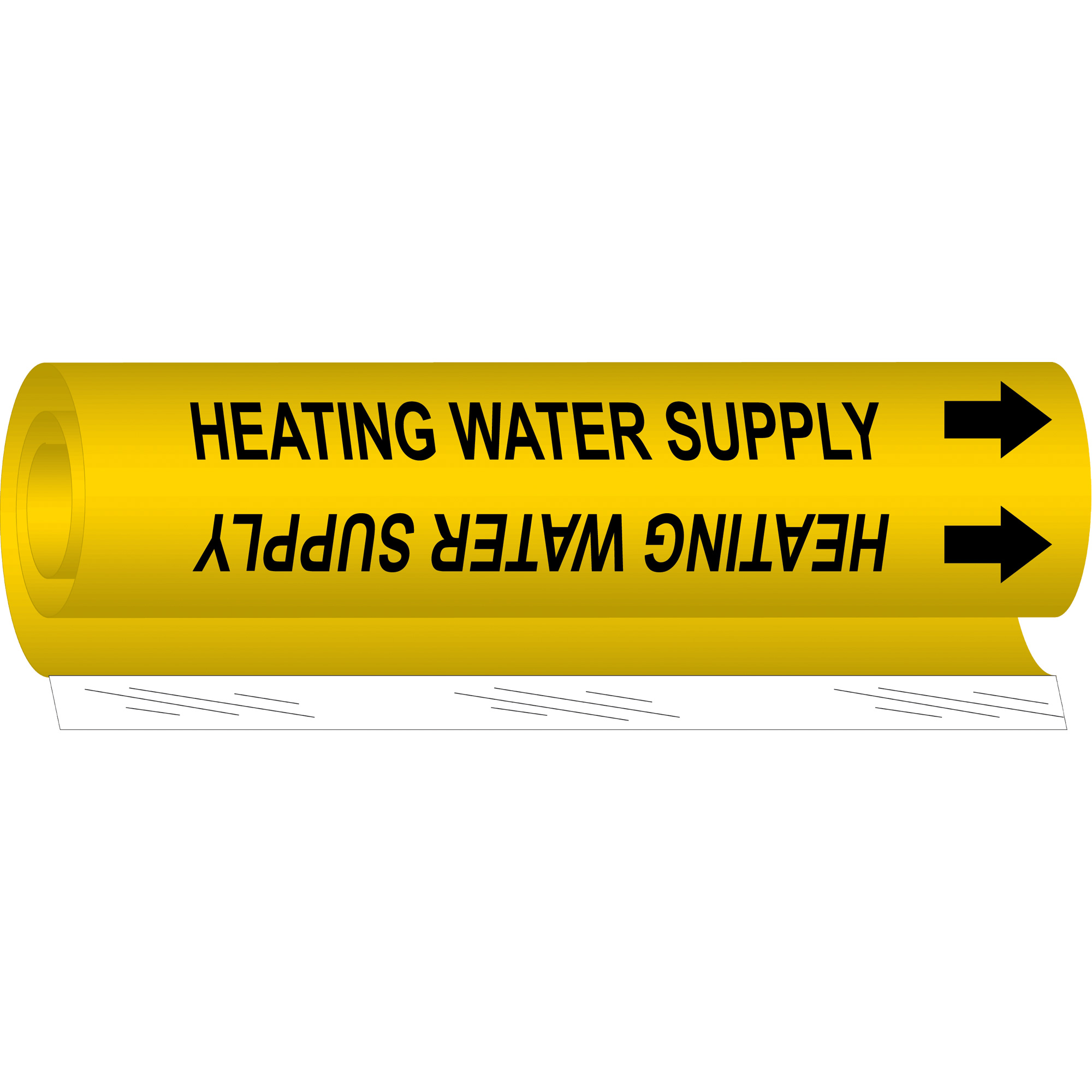 Marqueur de tuyau «Heating Water Supply», Enveloppant, 9" h x 8" la, Noir sur jaune