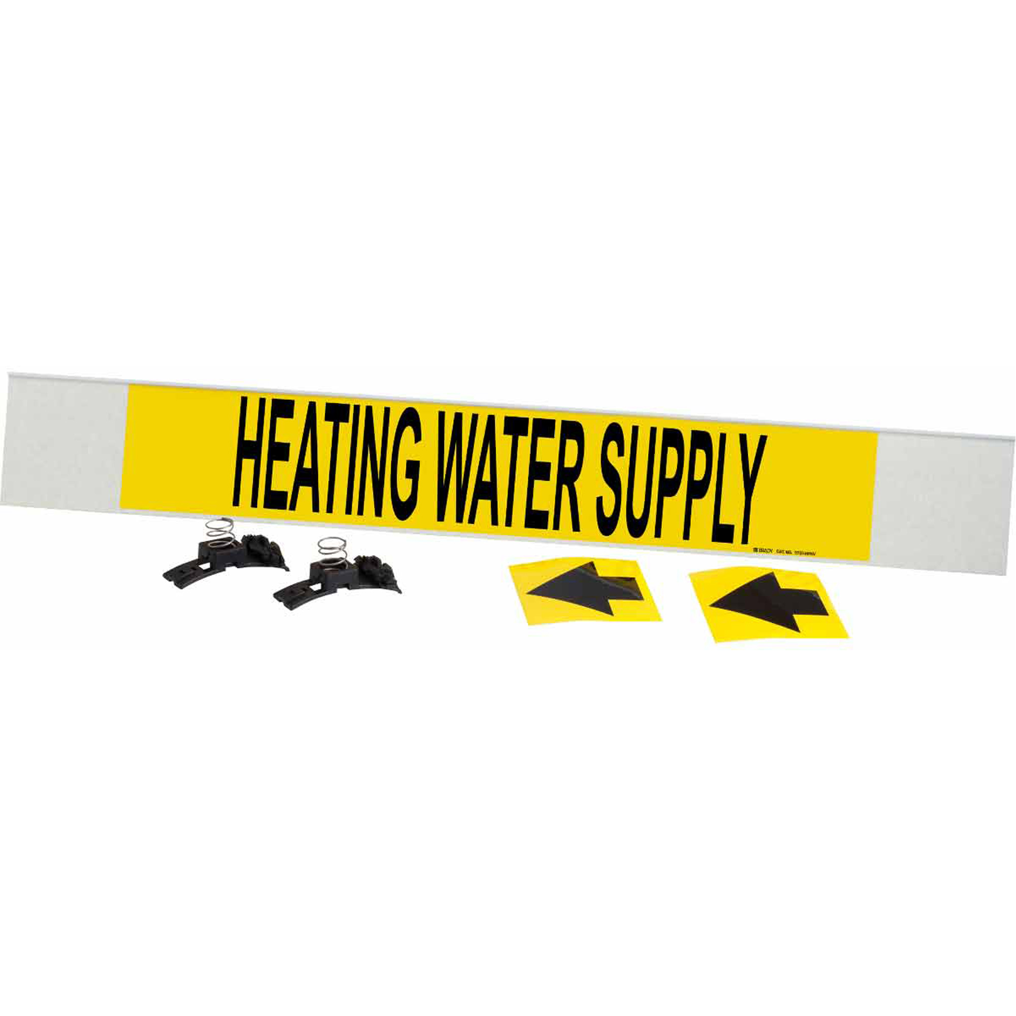 Marqueur de tuyau «Heating Water Supply», Transporteur en fibre de verre avec agrafes, 4" h x 24" la, Noir sur jaune