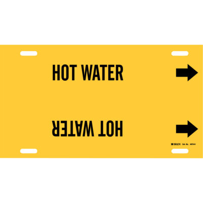 Marqueur de tuyau «Hot Water», À attacher, 10" h x 32" la, Noir sur jaune