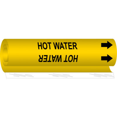 Marqueur de tuyau «Hot Water», Enveloppant, 5" h x 8" la, Noir sur jaune