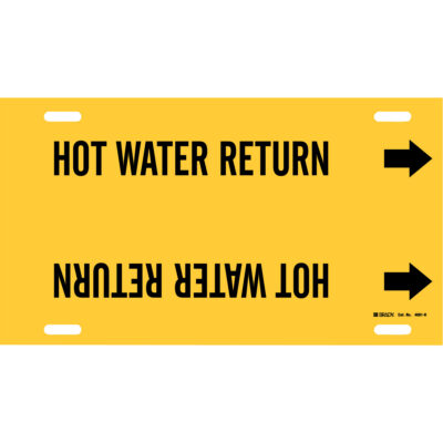 Marqueur de tuyau «Hot Water Return», À attacher, 10" h x 32" la, Noir sur jaune
