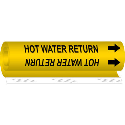 Marqueur de tuyau «Hot Water Return», Enveloppant, 5" h x 8" la, Noir sur jaune