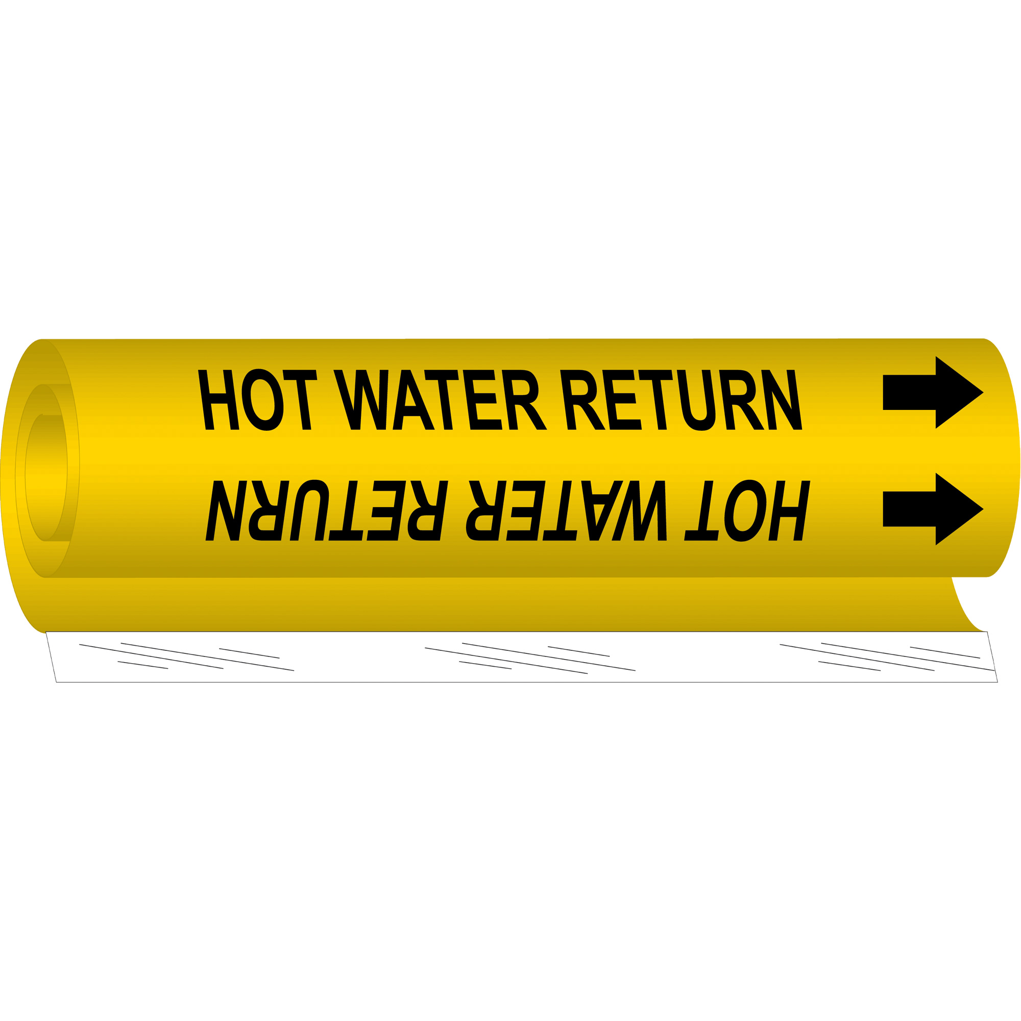 Marqueur de tuyau «Hot Water Return», Enveloppant, 9" h x 8" la, Noir sur jaune