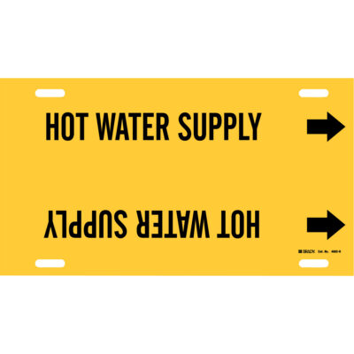 Marqueur de tuyau «Hot Water Supply», À attacher, 10" h x 32" la, Noir sur jaune