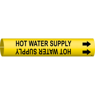 Marqueur de tuyau «Hot Water Supply», À pression, 2" h x 2" la, Noir sur jaune