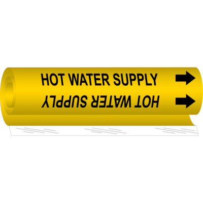 Marqueur de tuyau «Hot Water Supply», Enveloppant, 9" h x 8" la, Noir sur jaune