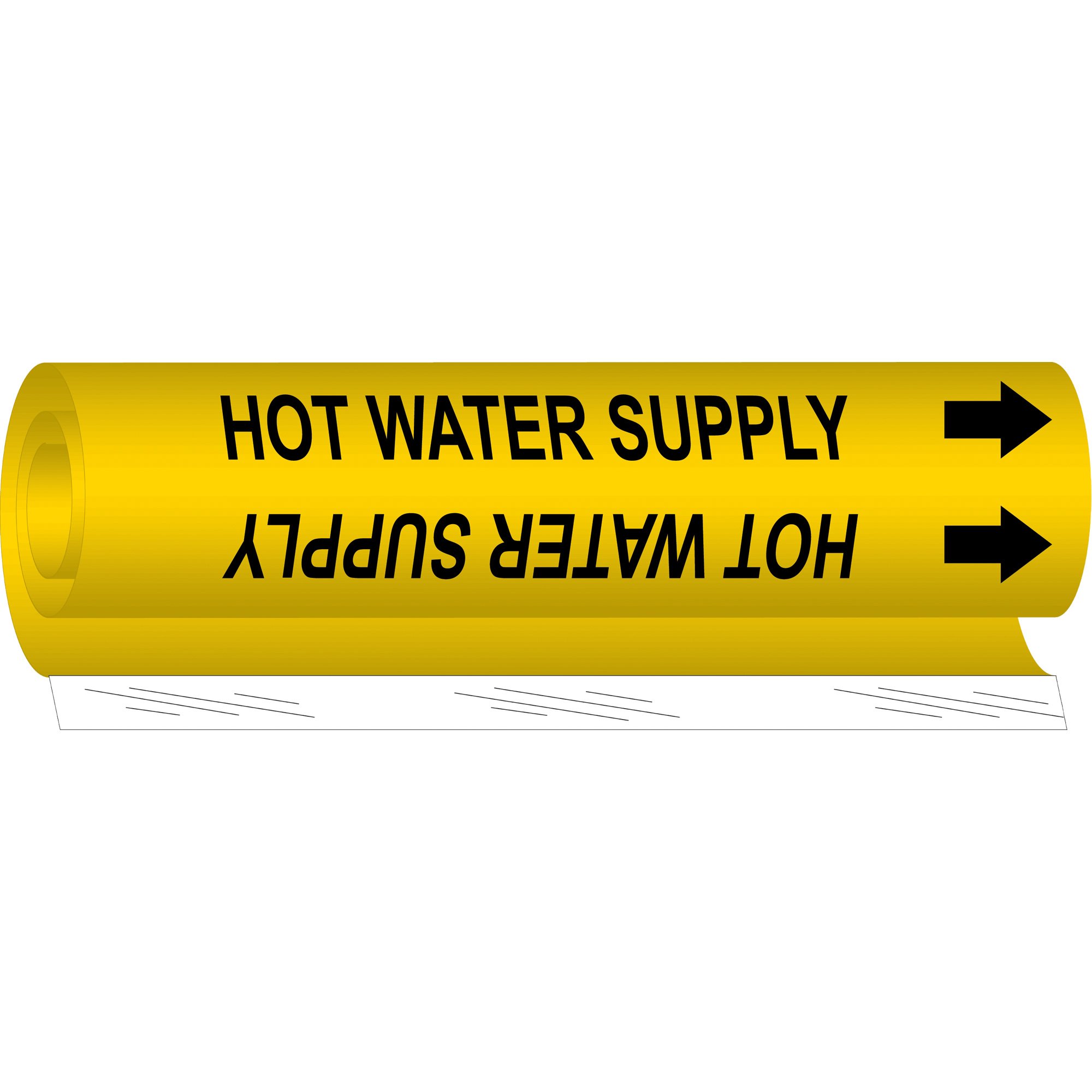 Marqueur de tuyau «Hot Water Supply», Enveloppant, 9" h x 8" la, Noir sur jaune