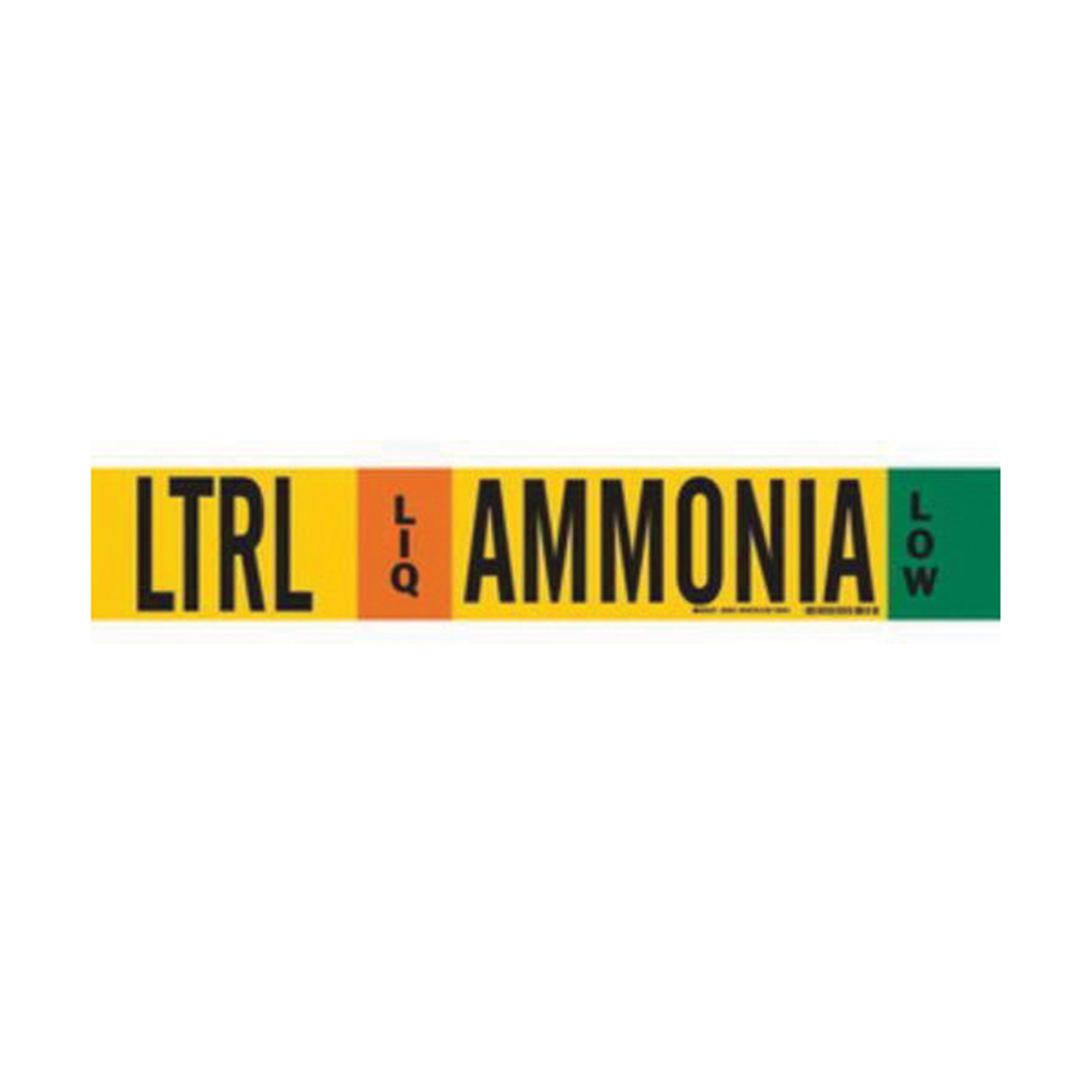 Marqueur de tuyau «LTRL Liq Ammonia Low» pour l'ammoniac (IIAR), Transporteur en fibre de verre avec agrafes, 4" h x 24" la, Noir sur jaune