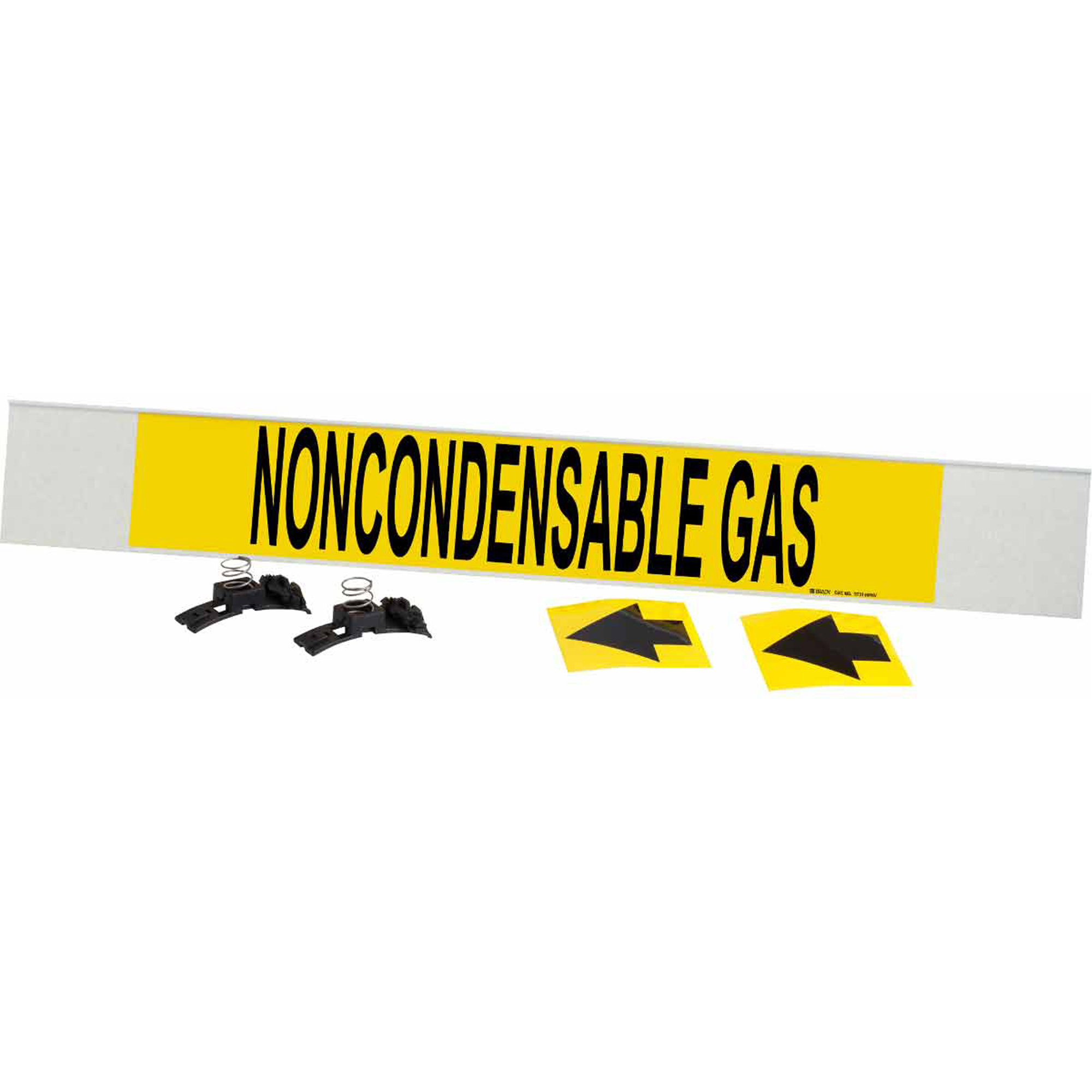 Marqueur de tuyau «Noncondensable Gas», Transporteur en fibre de verre avec agrafes, 4" h x 24" la, Noir sur jaune