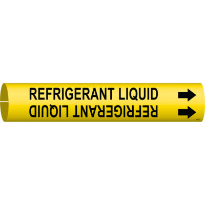 Marqueur de tuyau «Refrigerant Liquid», À pression, 2" h x 2" la, Noir sur jaune