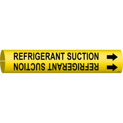 Marqueur de tuyau «Refrigerant Suction», À pression, 2" h x 2" la, Noir sur jaune