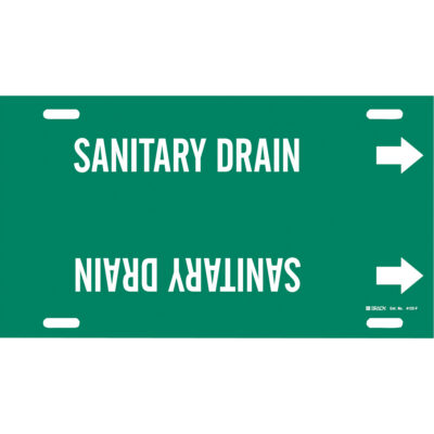 Marqueur de tuyau «Sanitary Drain», À attacher, 8" h x 16" la, Blanc/vert