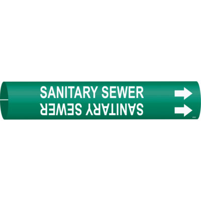Marqueur de tuyau «Sanitary Sewer», À pression, 2" h x 2" la, Blanc/vert