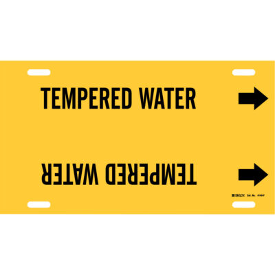 Marqueur de tuyau «Tempered Water», À attacher, 8" h x 16" la, Noir sur jaune