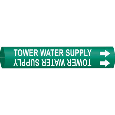 Marqueur de tuyau «Tower Water Supply», À pression, 2" h x 2" la, Blanc/vert
