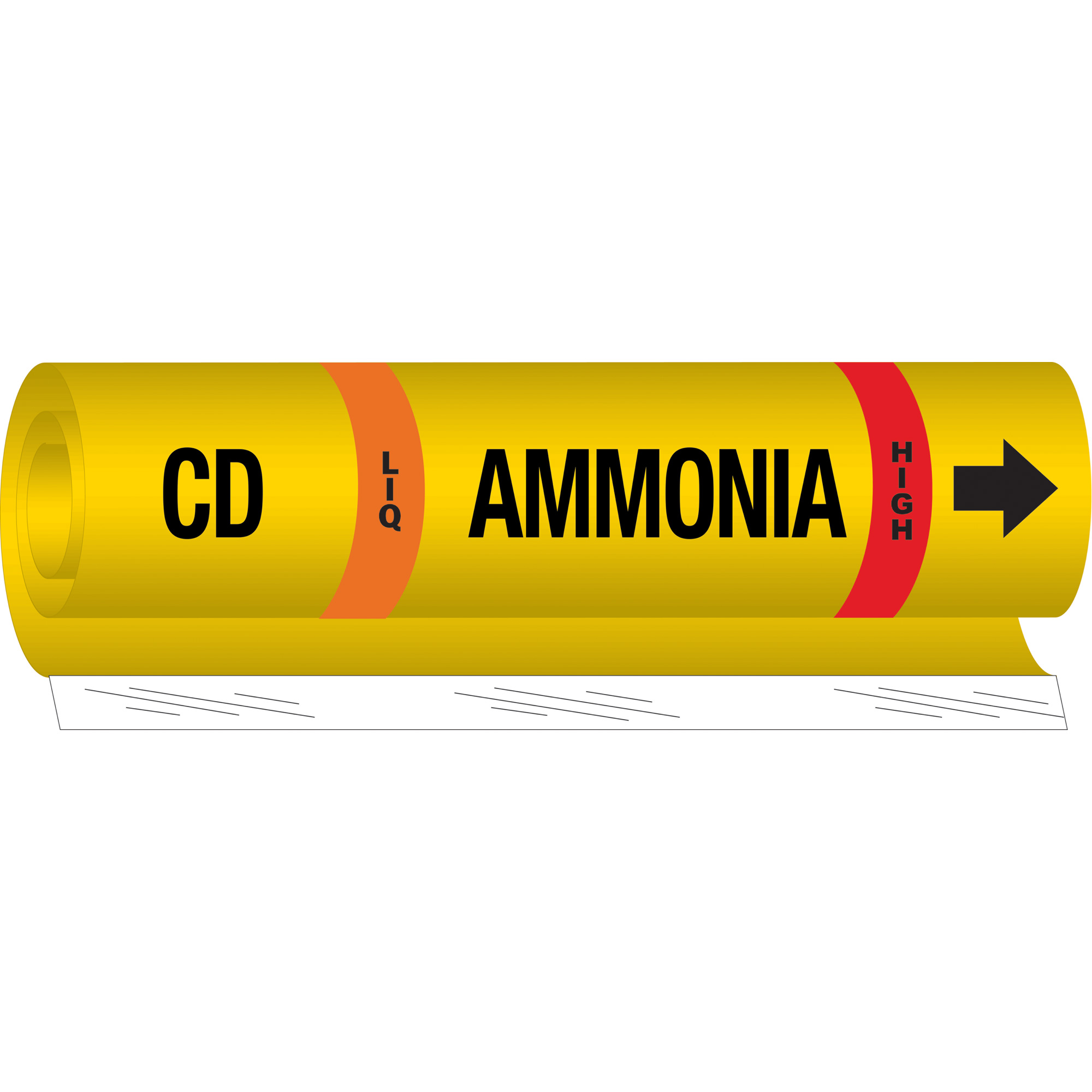 Marqueur pour tuyau «CD Liq Ammonia High» pour l'ammoniac (IIAR), Enveloppant, 9" h x 8" la, Noir sur jaune