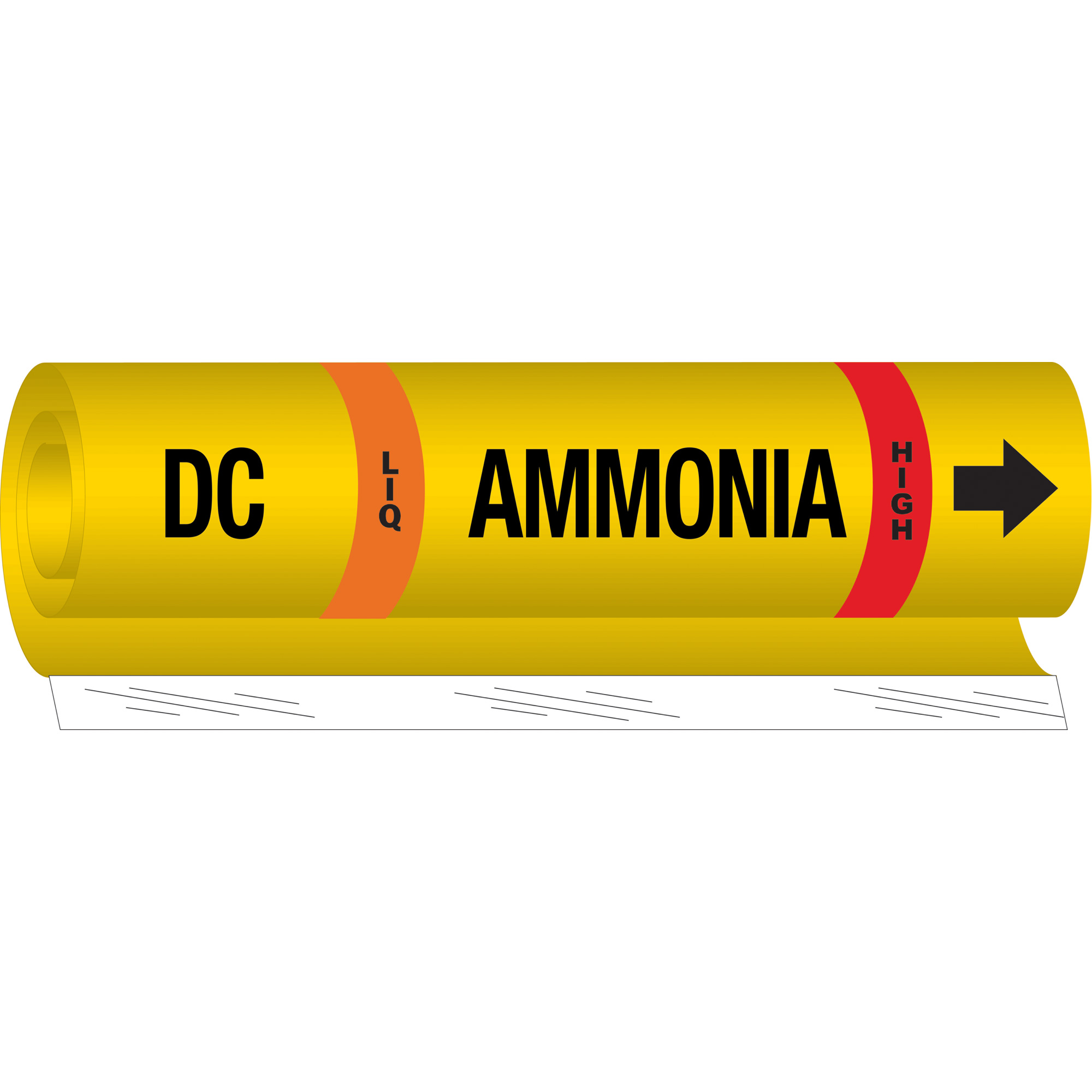 Marqueur pour tuyau «DC Liq Ammonia High» pour l'ammoniac (IIAR), Enveloppant, 26" h x 24" la, Noir sur jaune