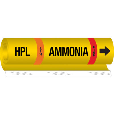 Marqueur pour tuyau «HPL Liq Ammonia High» pour l'ammoniac (IIAR), Enveloppant, 26" h x 24" la, Noir sur jaune
