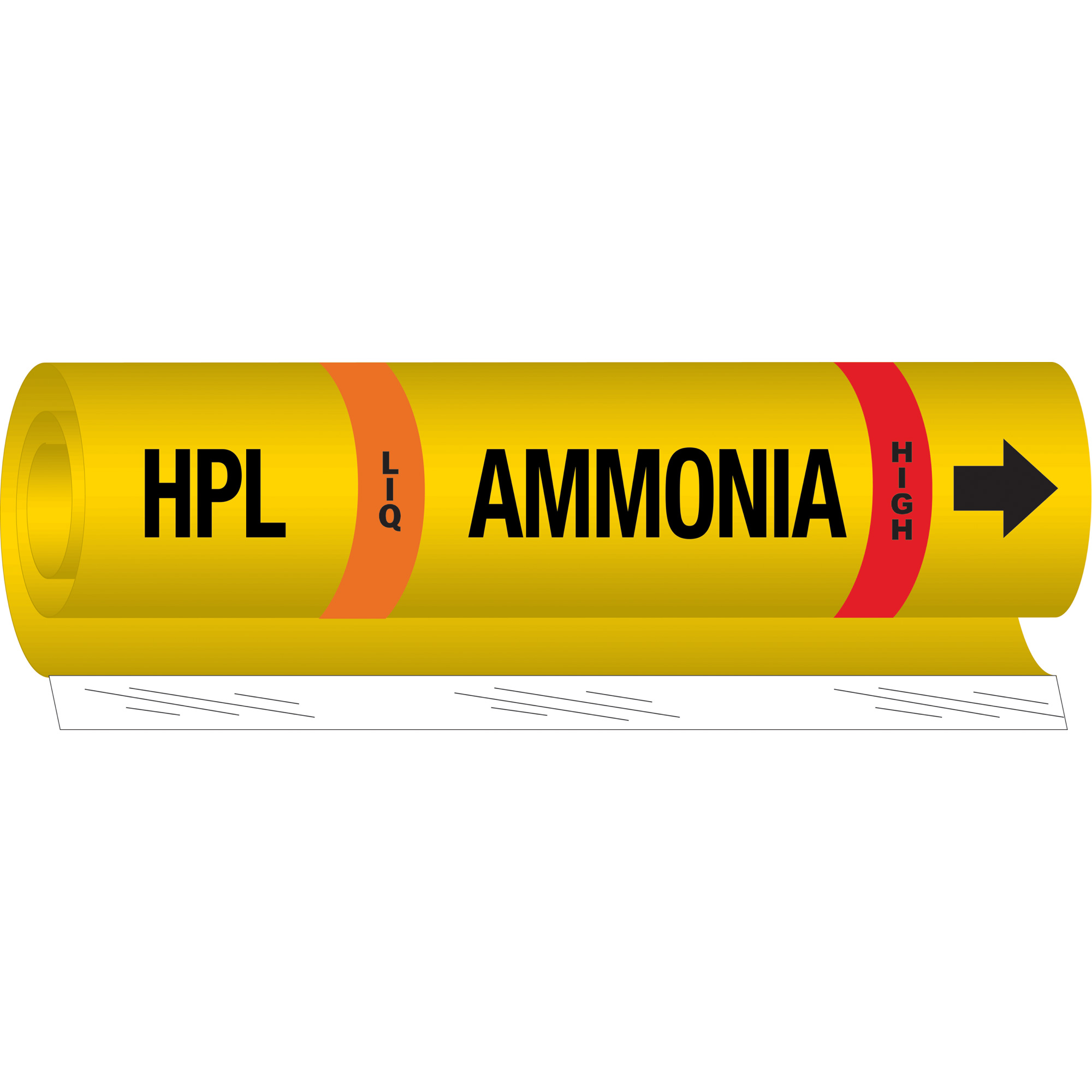 Marqueur pour tuyau «HPL Liq Ammonia High» pour l'ammoniac (IIAR), Enveloppant, 26" h x 24" la, Noir sur jaune